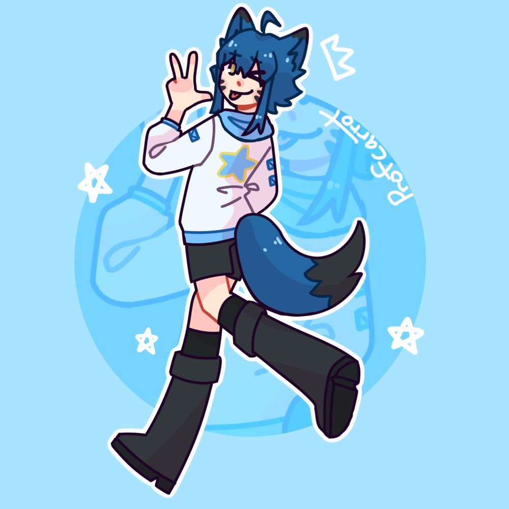 A fullbody drawing of Balmong's character of the same name. He has dark shaggy hair with matching animal ears and a fluffy tail, and is wearing a hoodie, shorts, and knee-high boots. He's drawn from behind, looking over his shoulder and winking.