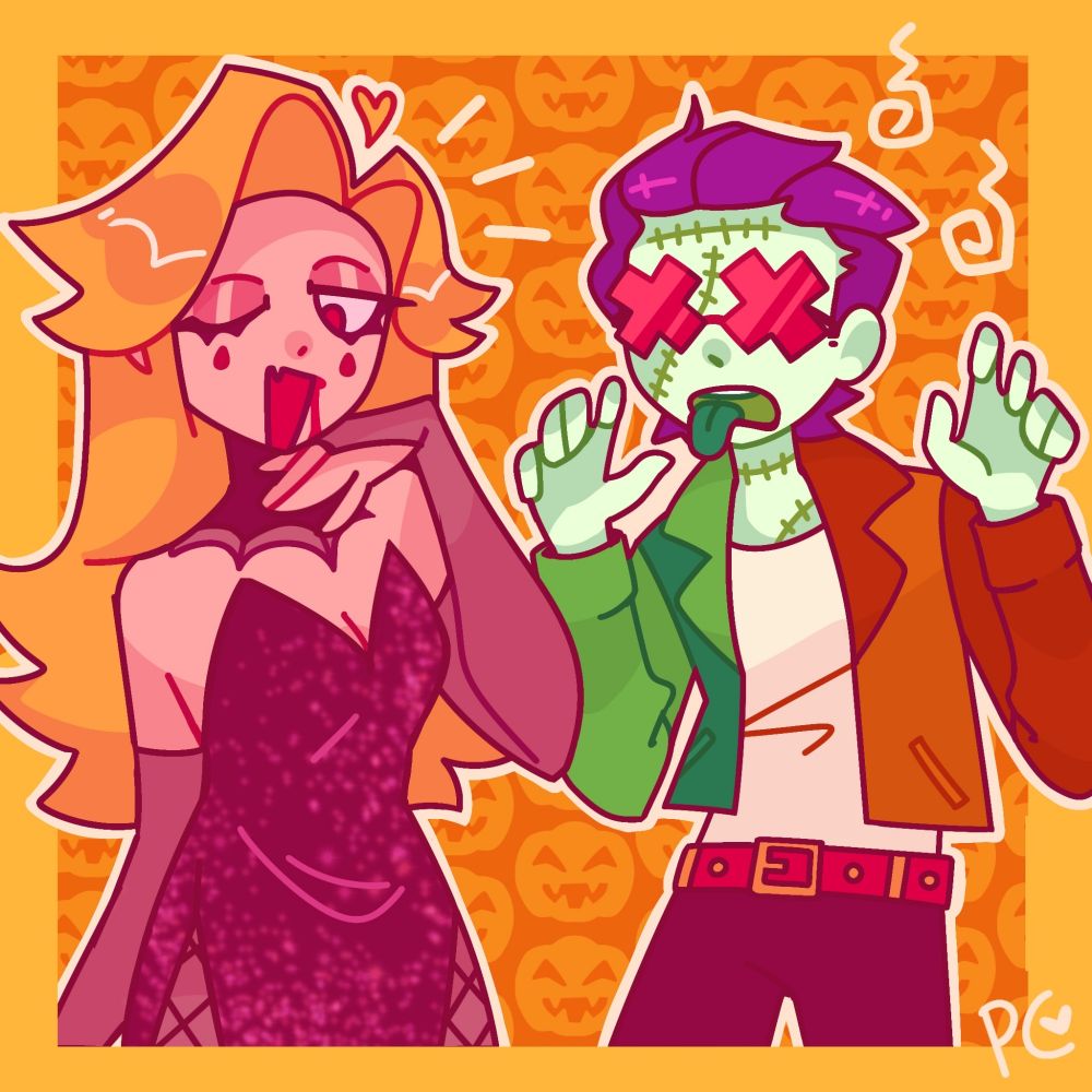 A drawing of my ocs Des and Drew wearing Halloween themed outfits. Des is dressed as a vampire and is winking at the camera with her hand under her chin; Drew has Frankenstein monster makeup and is doing like a "blehhh" face with his hands clawed.