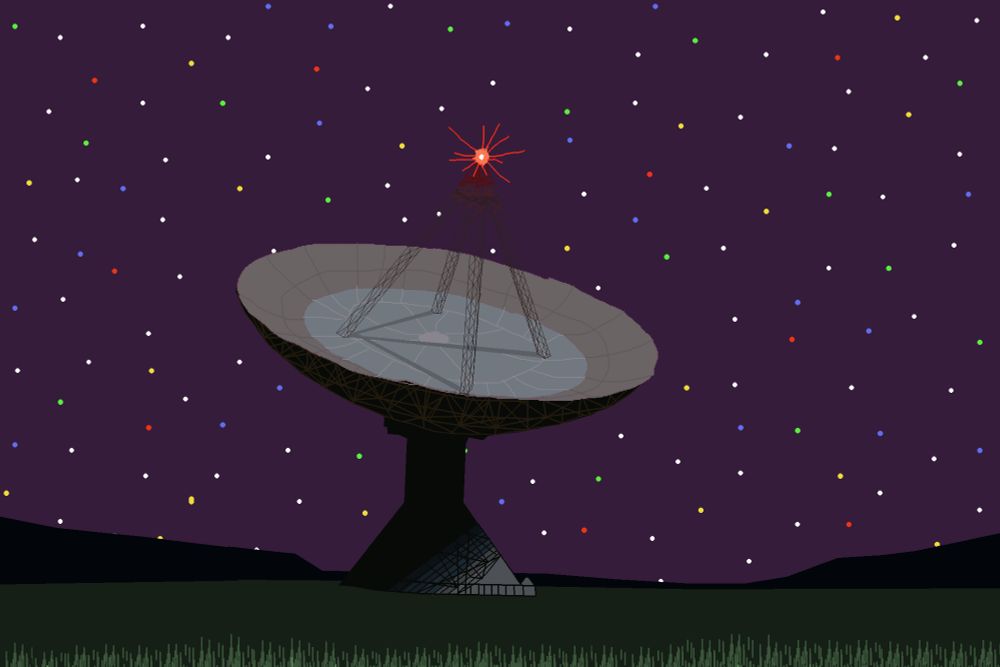 radio tower in a cornfield beneath a purple sky with rainbow stars
