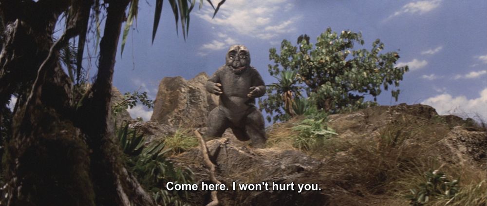 A frame from All Monsters Attack (1969).
We see a jungle island setting, complete with brown grass, vines, and various tropical shrubbery. Standing and looking directly at the camera is our favorite fugly little freakshow, Manilla. Or Minya. Or Manya. Depends who you ask. They have a wide stance and a look upon their face that is difficult to read, intentions - unclear.
The caption reads, "Come here. I won't hurt you."

Not pictured: Godzilla