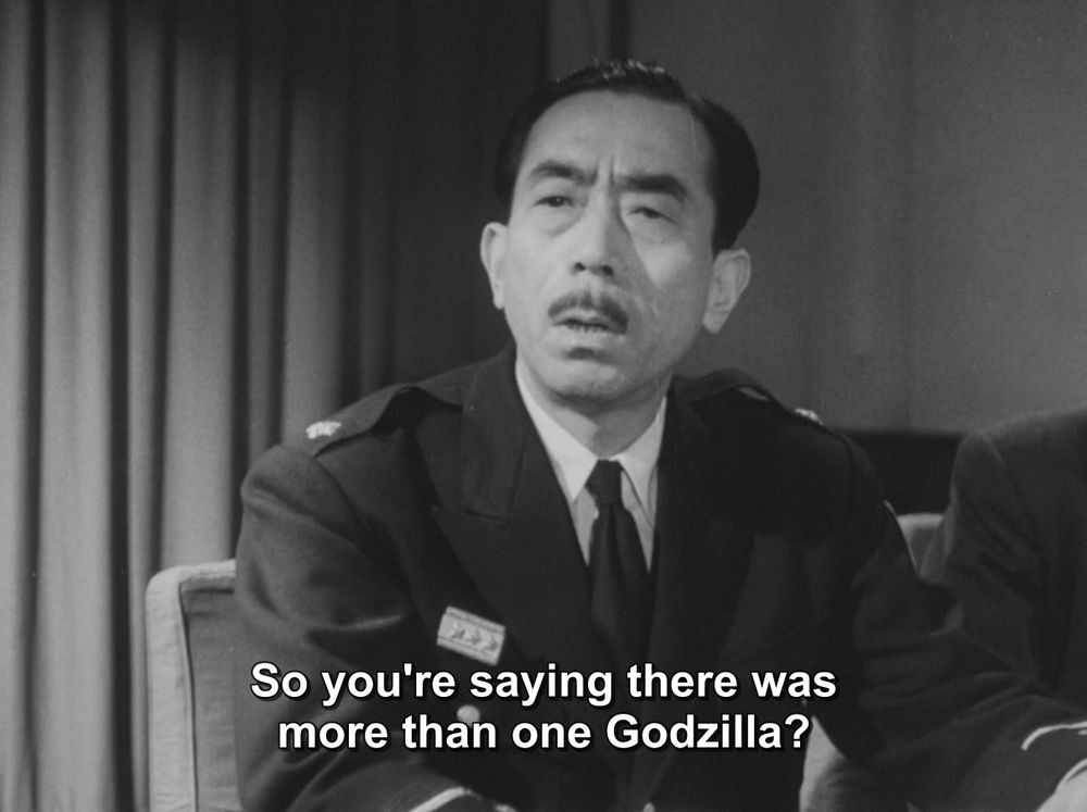 A frame from Godzilla Raids Again (1955).
A man in sits in an office with a quizzical look on his face. 
The caption reads, "So you're saying there was more than one Godzilla?"

Not pictured: one Godzilla; a second Godzilla