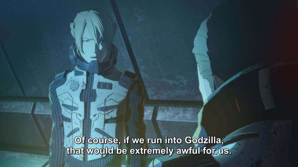 A frame from Godzilla: Planet of the Monsters (2017). Two men in futuristic environment suits face each other inside some kind of brutalist structure. The one in the near foreground is facing away from the camera and has grey hair, the one farther away is blonde. The caption reads, 