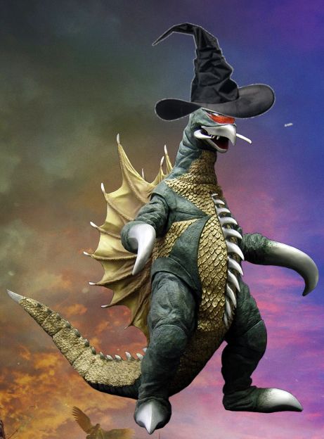 Gigan wearing a black witch's hat