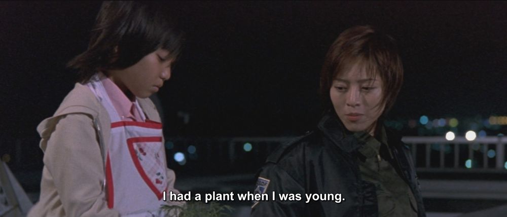 Two frames from Godzilla Against Mechagodzilla (2002).
A child and a young woman (Akane Yashiro, saddest and dare I say most #relatable protagonist) are speaking to each other on a rooftop. 
The caption reads, "I had a plant when I was young."