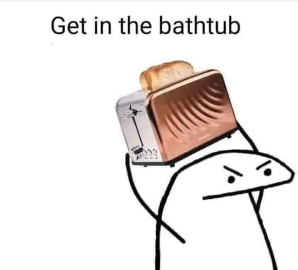 It’s the “right in front of my x” meme but the person is holding a toaster above their head. The caption at the top says “get in the bathtub”