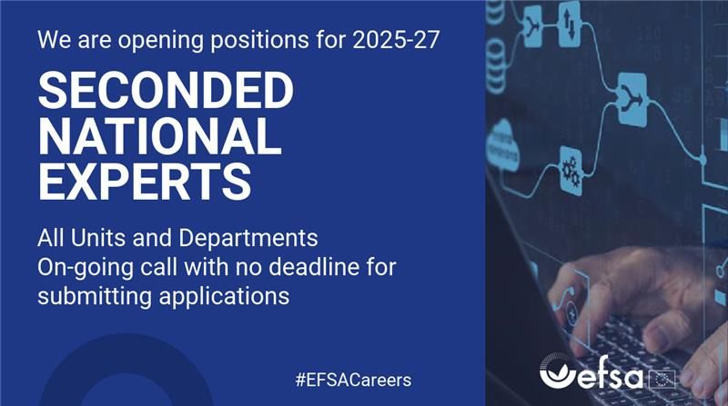 The card reads:

We are opening positions for 2025-27

SECONDED NATIONAL EXPERTS

All Units and Departments
On-going call with no deadline for submitting applications

#EFSACareers

It also includes the EFSA logo and an image of a person working on a laptop with digital graphics.
