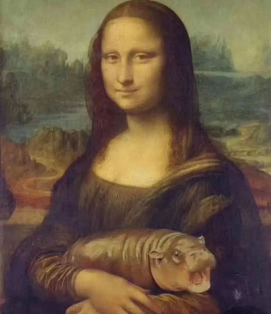 A meme shows the Mona Lisa holding a screaming Moo Deng