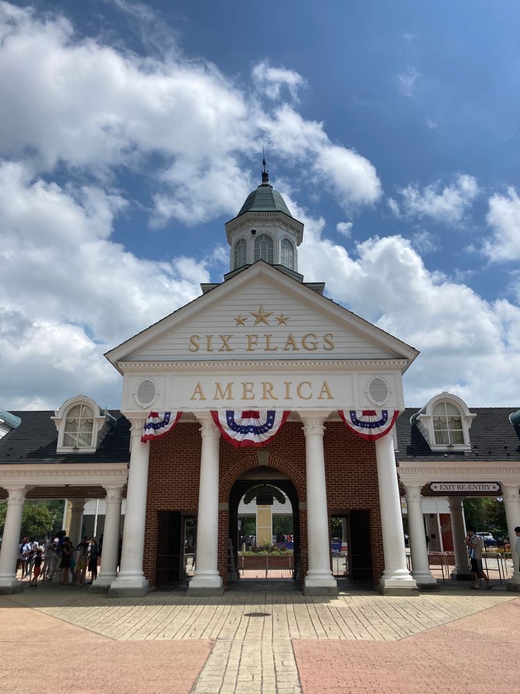 The entrance of Six Flags America, as seen from inside the park.
