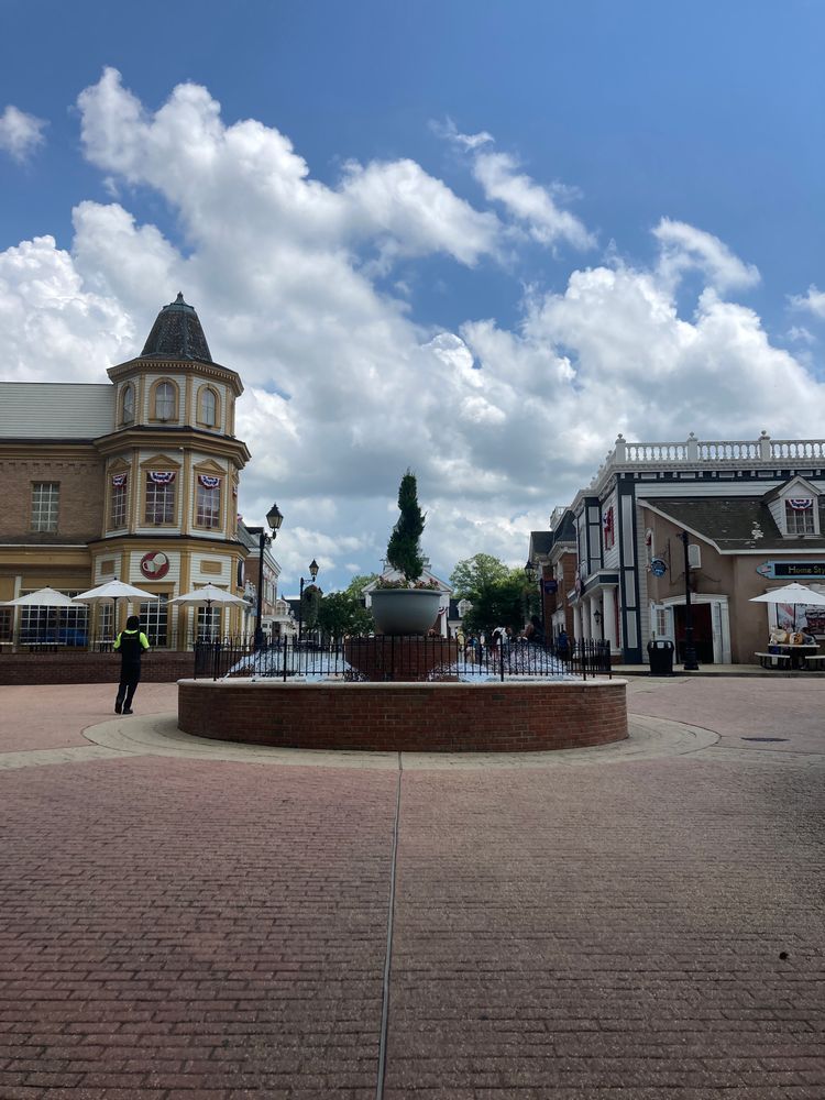 The main street area of Six Flags America, looking toward the exit from a distance.