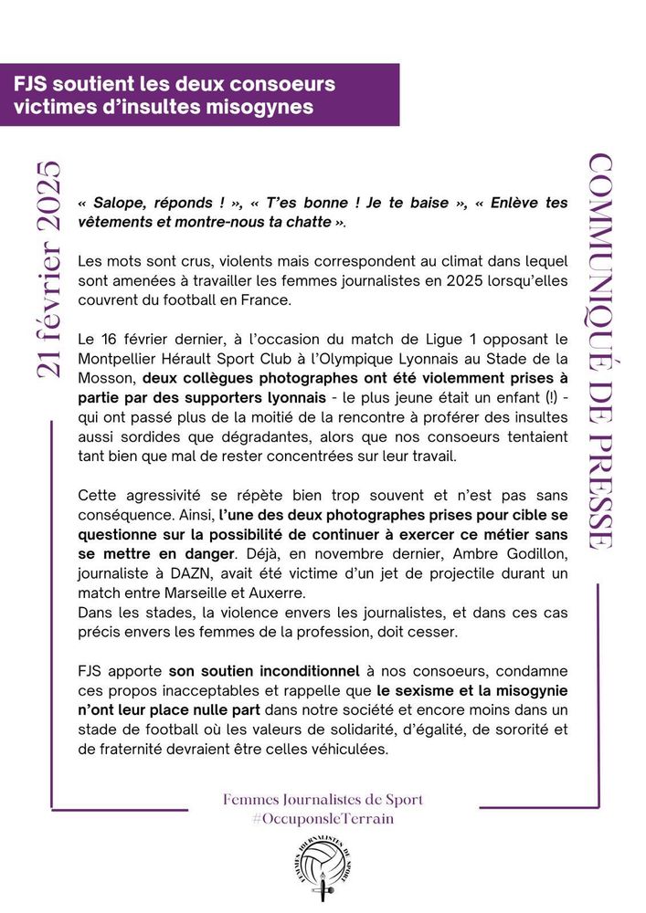 Communiqué de soutien de l'association Femmes Journalistes de Sport envers des consœurs victimes d'insultes misogynes lors d'un match de Ligue 1.
