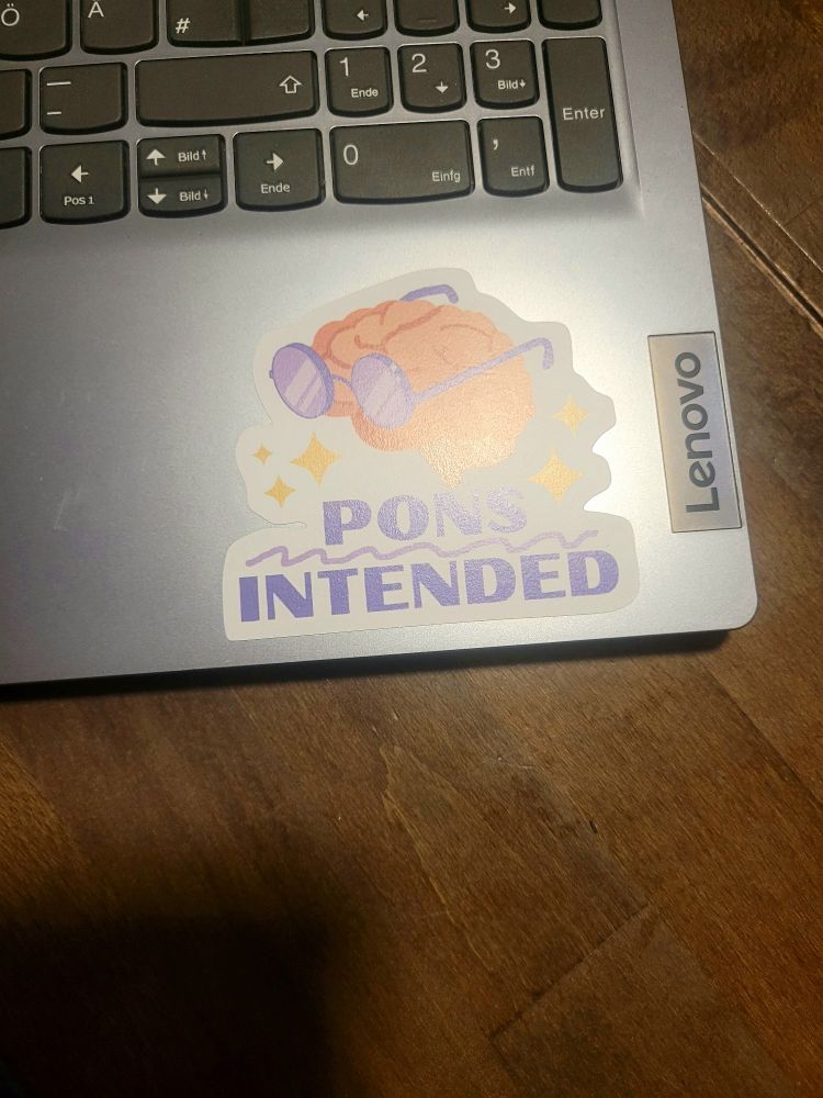Es ist ein Sticker mit einem Cartoongehirn, aufgeklebt auf einen Laptop zu sehen. Es trägt eine Brille. Darunter steht in lilanen Großbuchstaben "Pons intended".