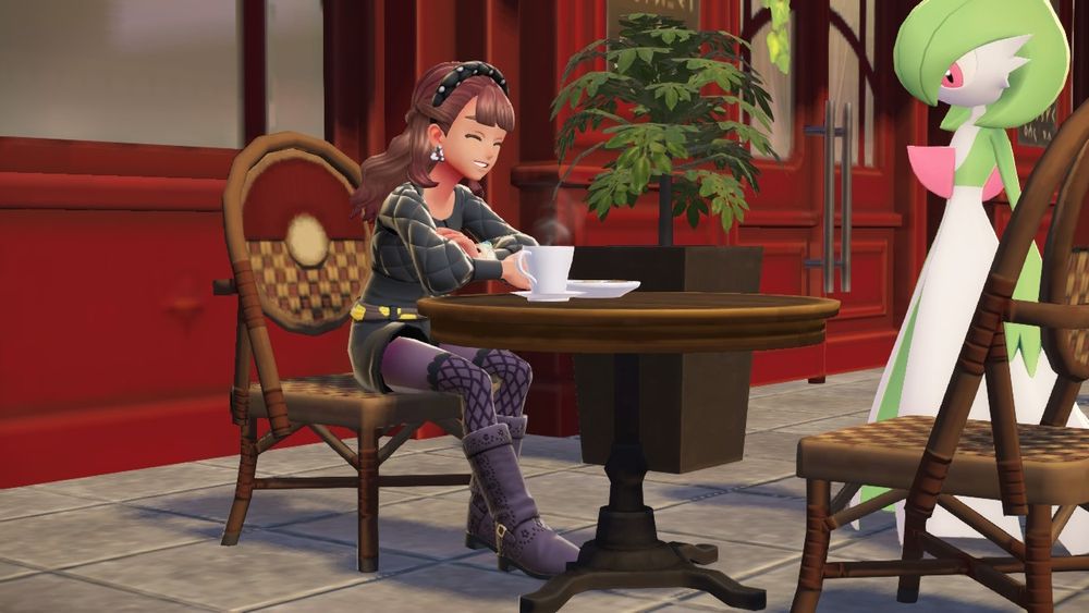 ポケモンレジェンズZAの写真。カフェに座っている主人公を撮ったもの。二枚目と同じくサーナイトがいます。