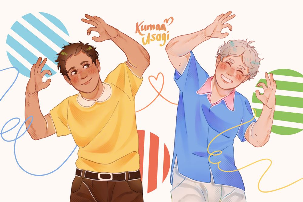 A colored, half-body illustration of Daichi and Koushi in an alternate universe. Daichi and Koushi represent Mitsumi and Sousuke, respectively, from the series Skip and Loafer. Their poses are based on a screenshot from the opening song, leaning in opposite directions and their hands in pinching positions next to their heads. They are both smiling wide, Daichi wearing a white-collared, yellow shirt and brown trousers while Koushi wears a pink-collared, blue shirt and grey trousers. Colorful circles decorate the background and a colorful string winds around Daichi and Koushi, forming a heart in between them.