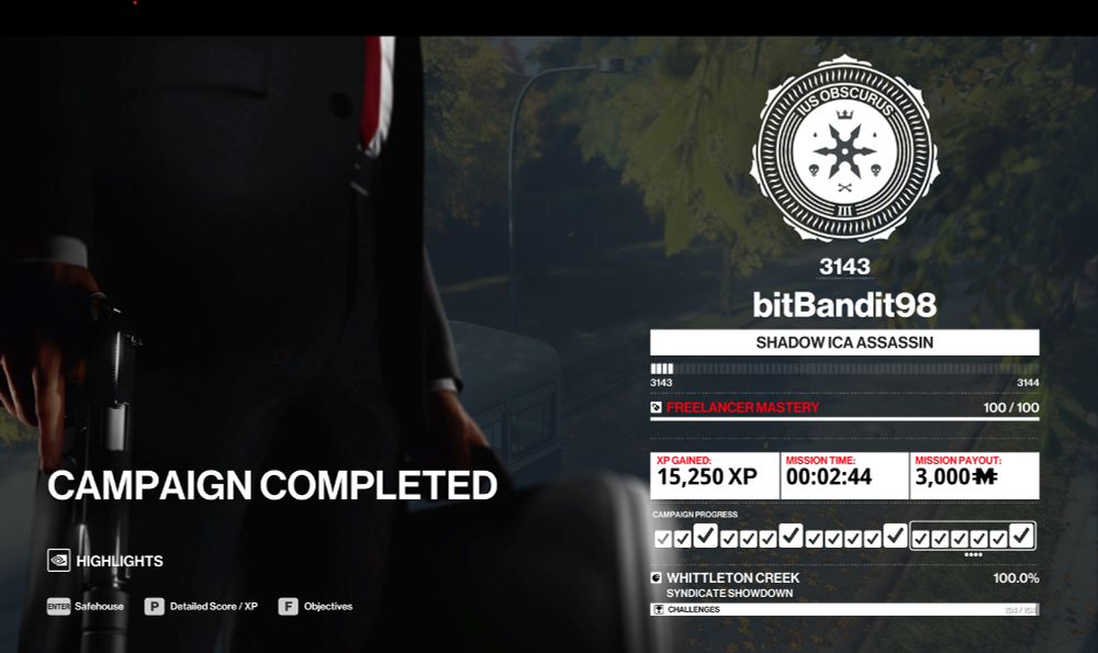 Menu showing my level and campaign completion in Hitman.