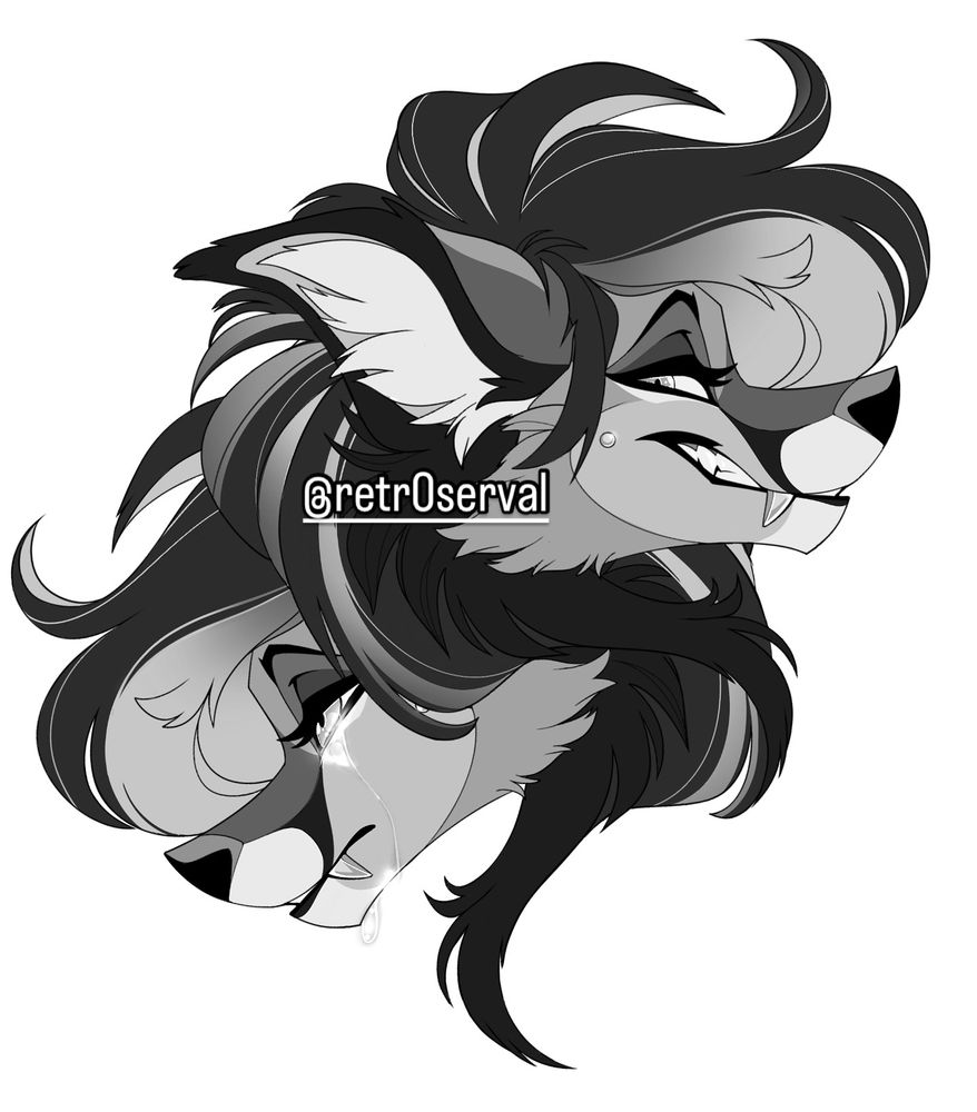 Similar to the comedy tragedy masks, I drew two heads of my fox OC. The head facing right had a wide cheeky grin and seems to be in a very good mood, while the head facing the left farther in the background is frowning and has tears running down her face. 