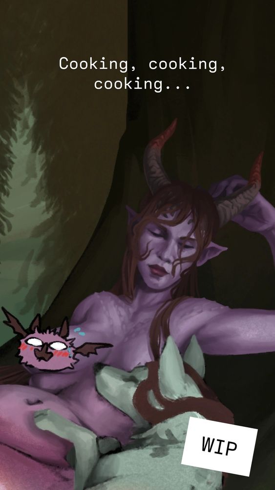 Cropped illustration, work in progress, a tieffelin woman resting naked on a tree with a white dog, scratch, resting partly on her chest.
A goofy cartoon bat hides the nsfw.
