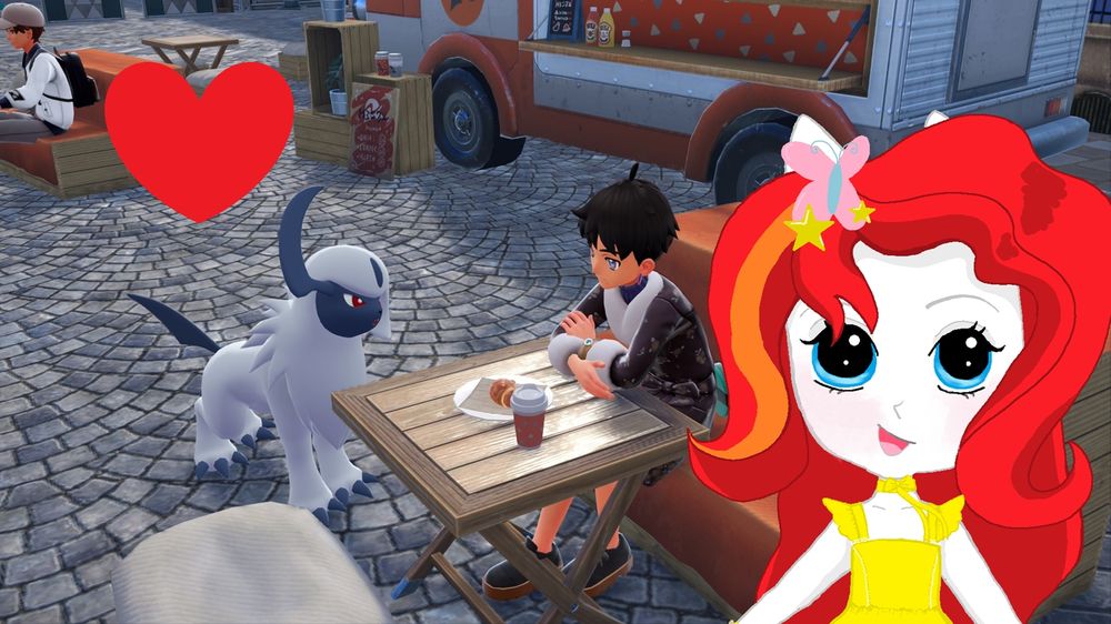 A screenshot from Pokemon Z-A where the character is sitting at a hastily made table near a cafe truck, while the Pokemon Absol intently looks on. An anthropomorphic pony avatar wearing a yellow dress and butterfly hairpin stands to the right side.