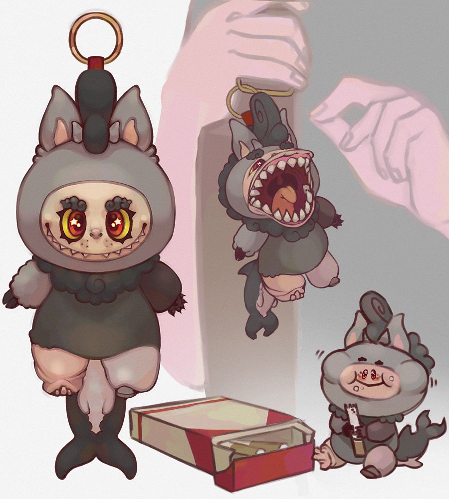 Digital art of the OP's OC, A draconequus named Animus, as a Labubu keychain. On the left is a neutral post. On the top right he is threatening to bite someone's finger. On the bottom right he is eating cigarettes out of a giant carton.