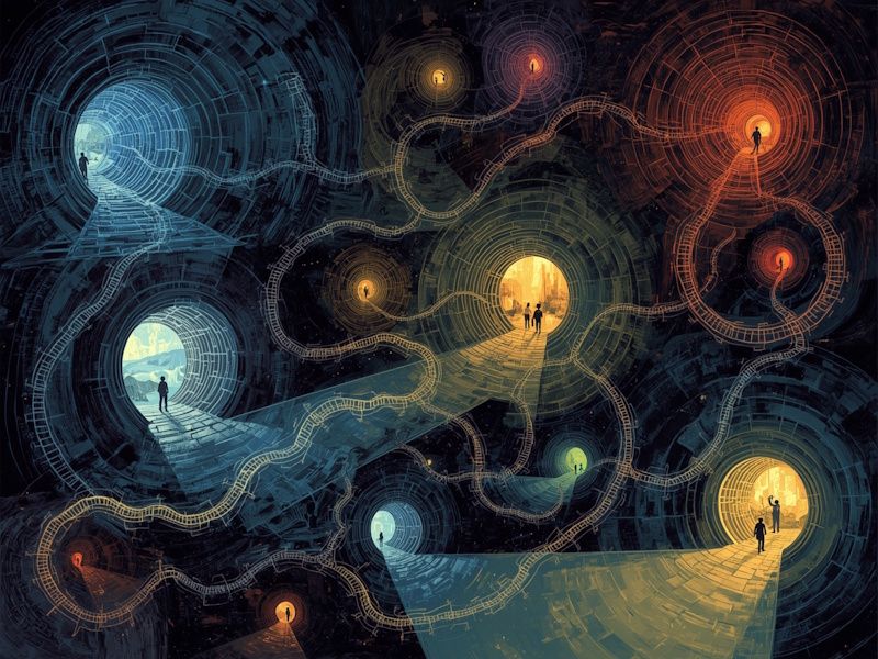 AI depiction of people wandering through a time tunnel maze