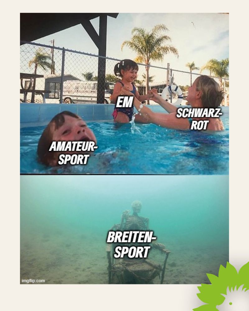 Das Bild zeigt ein Meme. Eine Frau hält freudig ein Kind hoch, während ein weiteres neben ihr ertrinken. Auf einem zweiten Bild ist ein Skelett unter Wasser zusehen.
Die Frau ist mit Schwarz-Rot betitelt, das erste Kind mit EM. Das ertrinkende Kind mit Amateursport und das Skelett mit Breitensport.