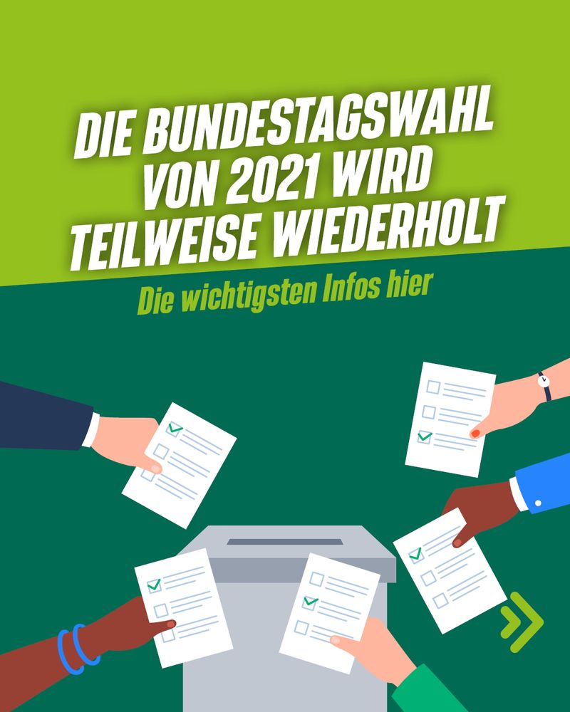 Eine Comic-Darstellung mehrerer Hände, die jeweils Stimmzettel halten und diese in Richtung einer Wahlurne halten. Es sind nur die Hände erkennbar, die aus verschiedenen Richtungen ins Bild ragen. Darüber Text: " Die Bundestagswahl von 2021 wird teilweise wiederholt. Die wichtigsten Infos hier."