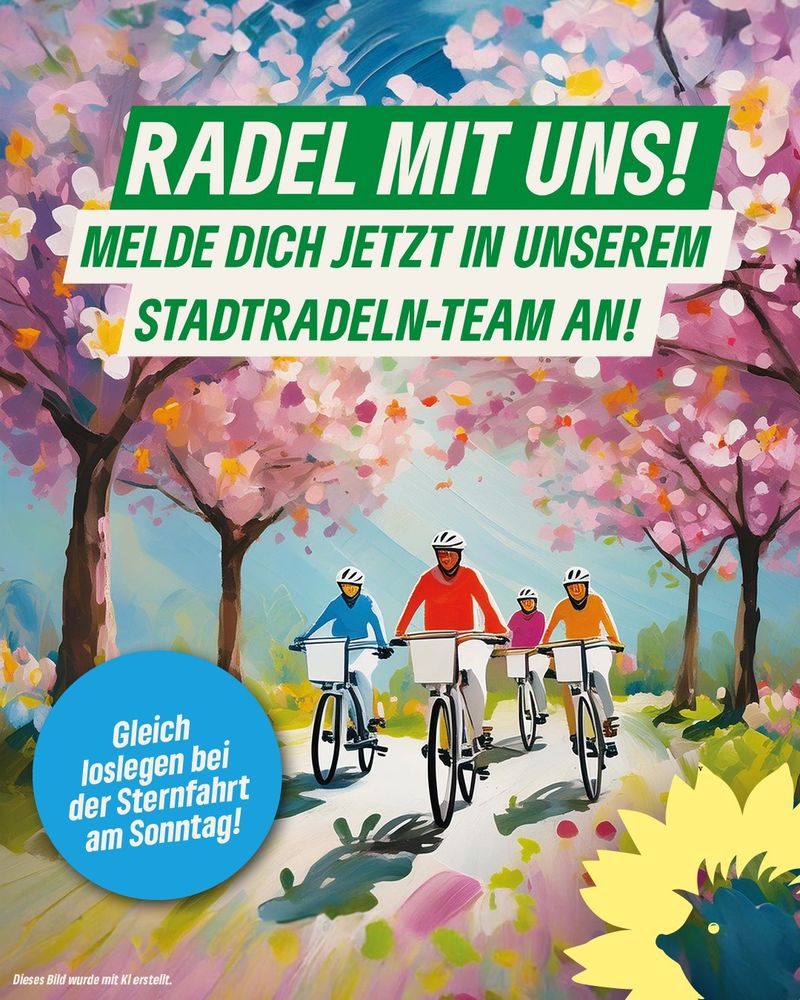 Ein von KI erstelltes Bild einer Gruppe von Fahrradfahrer*innen unter frühlingshaften Bäumen im expressionistischen Stil. Darüber steht: Radel mit uns! Melde dich jetzt in unserem Stadtradeln-Team an!
Gleich loslegen bei der Sternfahrt am Sonntag!