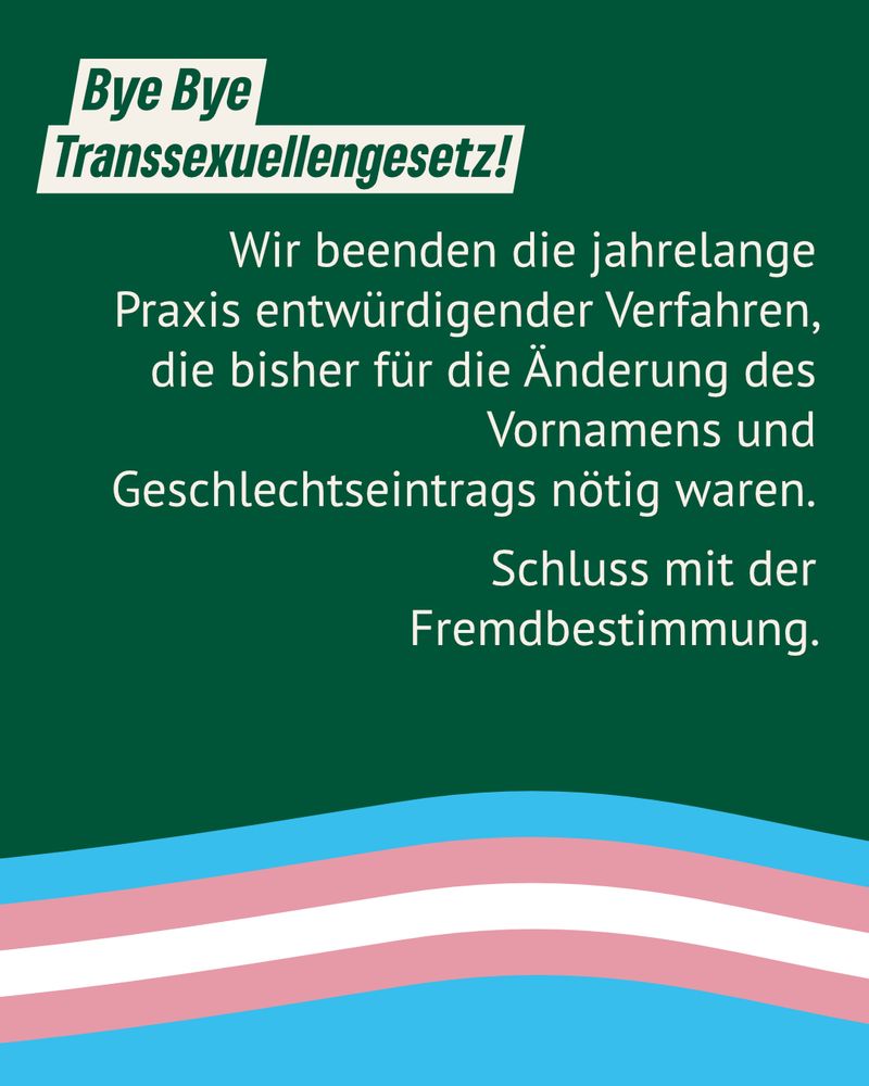 Bye bye Transsexuellengesetz.

Wir beenden die jahrelange Praxis entwürdigender Verfahren, die bisher für die Änderung des Vornamens und Geschlechtseintrags nötig waren.
Schluss mit der Fremdbestimmung.
