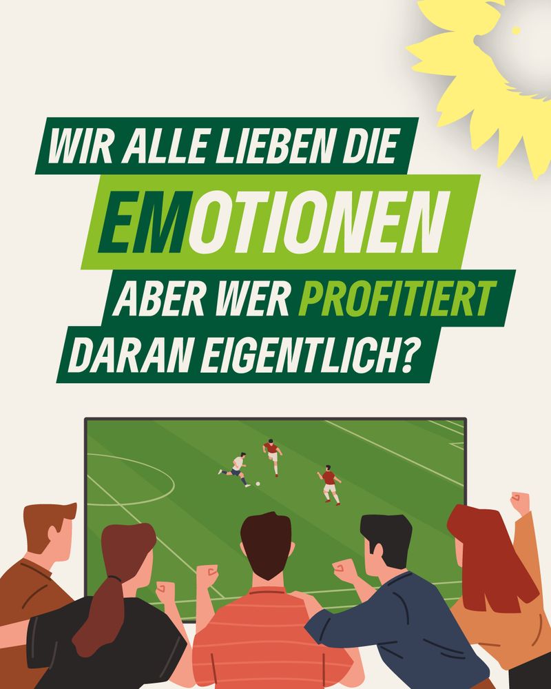 Wir alle lieben die Emotionen, aber wer profitiert daran eigentlich?
Darunter sind fünf gezeichnete Personen zu sehen, die auf einen Fernseher schauen. Im Fernseher ist ein Fußballspiel zu sehen, bei dem ein Angreifer gerade gegen zwei Verteidiger spielt.