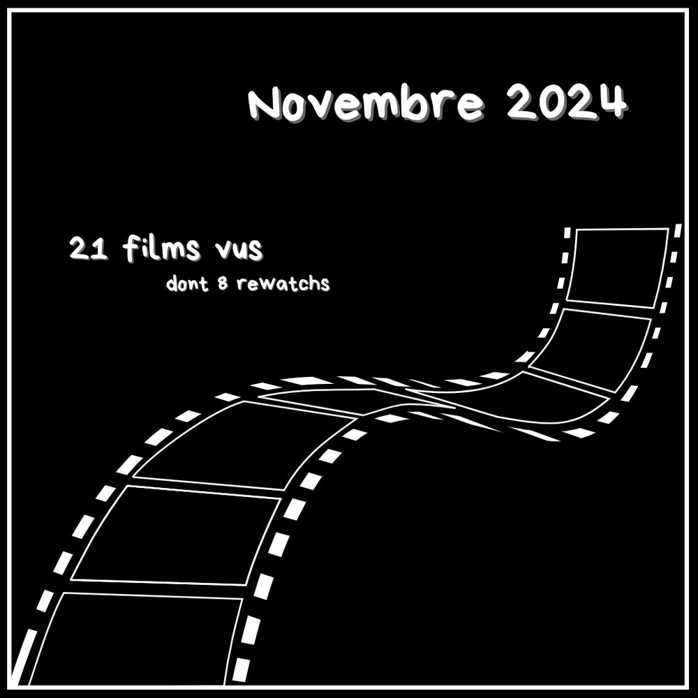 Image de couverture de mon post Bilan Novembre 2024 pour mon compte Instagram consacré aux films. Image simple fond noir et en blanc il y a la mention "21 films vus dont 8 rewatchs" 