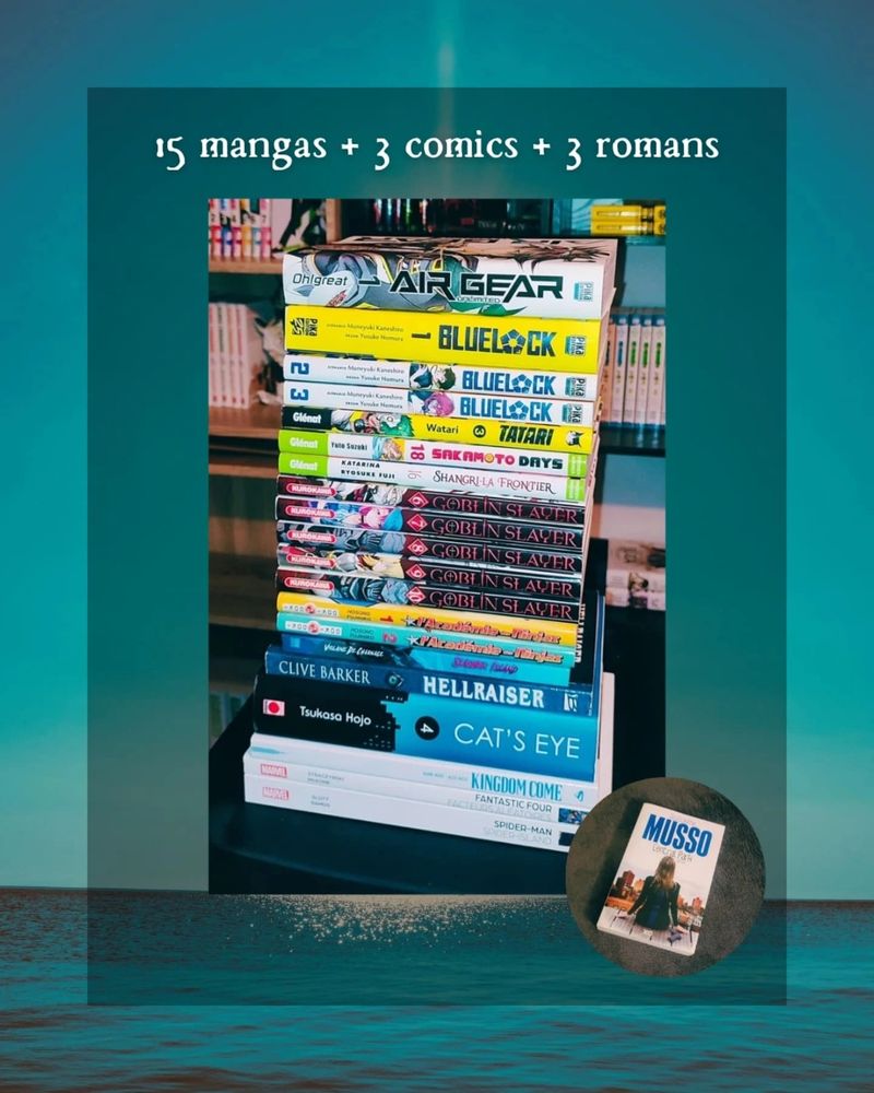 Photo de toutes mes lectures du mois avec le titre "15 mangas + 3 comics + 3 romans"