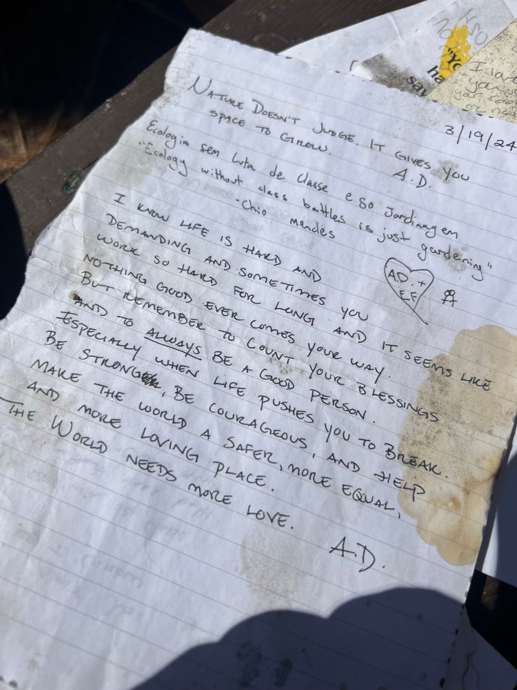A letter with stains that talks about always being a good person because the world needs more love. If you want me to transcribe the whole letter just comment below and ask me to:)