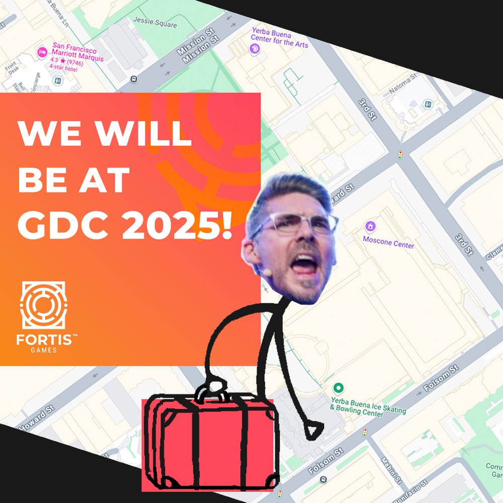 stick figure of a man wearing glasses carrying a suitcase on top of a map of san fransisco for GDC