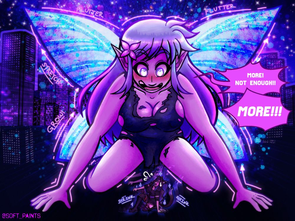 A fairy swapping sizes with a cat girl, looking down at her with big hearts in her eyes and shouting "More! Not Enough! MORE!!!" as the cat girl looks up nervously. There is a cityscape behind them. 