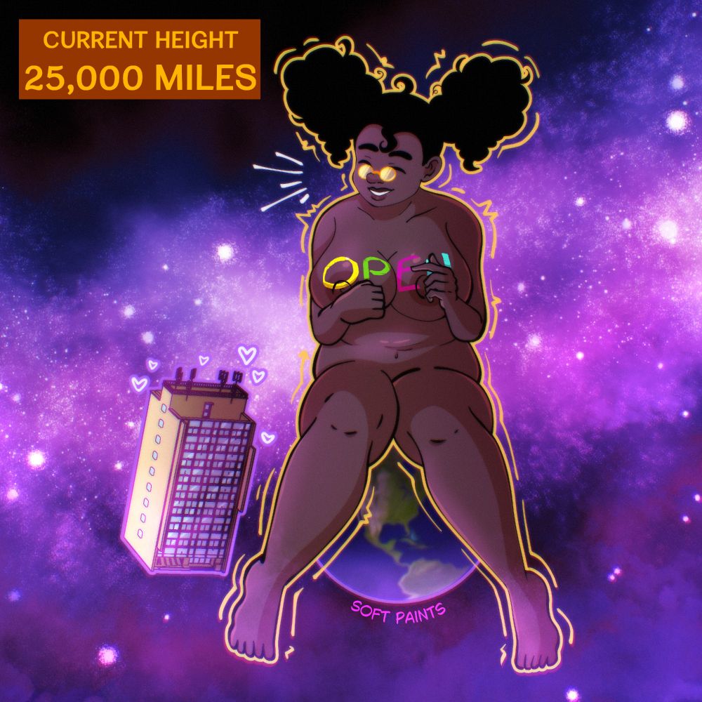 Sabrina sits on top of the Earth at 25,000 miles high. It now says OPEN on Sabrina's chest. The Giantess Library is next to her, with hearts coming off it.