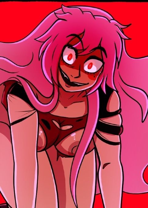 Rose in tattered clothes she's grown out of staring at the viewer wickedly.