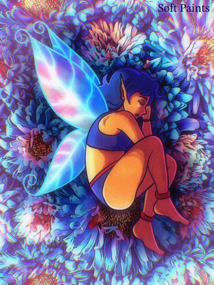 A fairy sleeping in a flower bed.