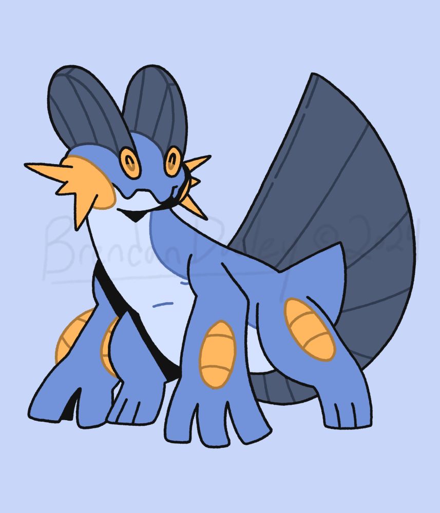 The Pokemon Swampert.  A large blue salamander-like monster with orange cheeks.  It has two fins on its head and one large rudder-like fin on its tail.