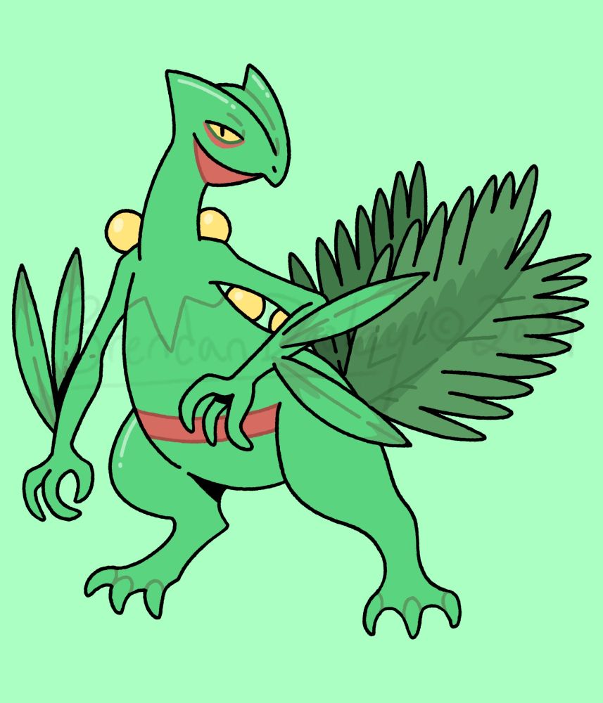 The Pokemon Sceptile.  A large green lizard-like monster with leaves on its arms and a large tree-like tail.