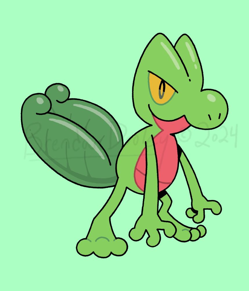 The Pokemon Treecko.  A small green gecko-like monster with a large leaf-like tail.