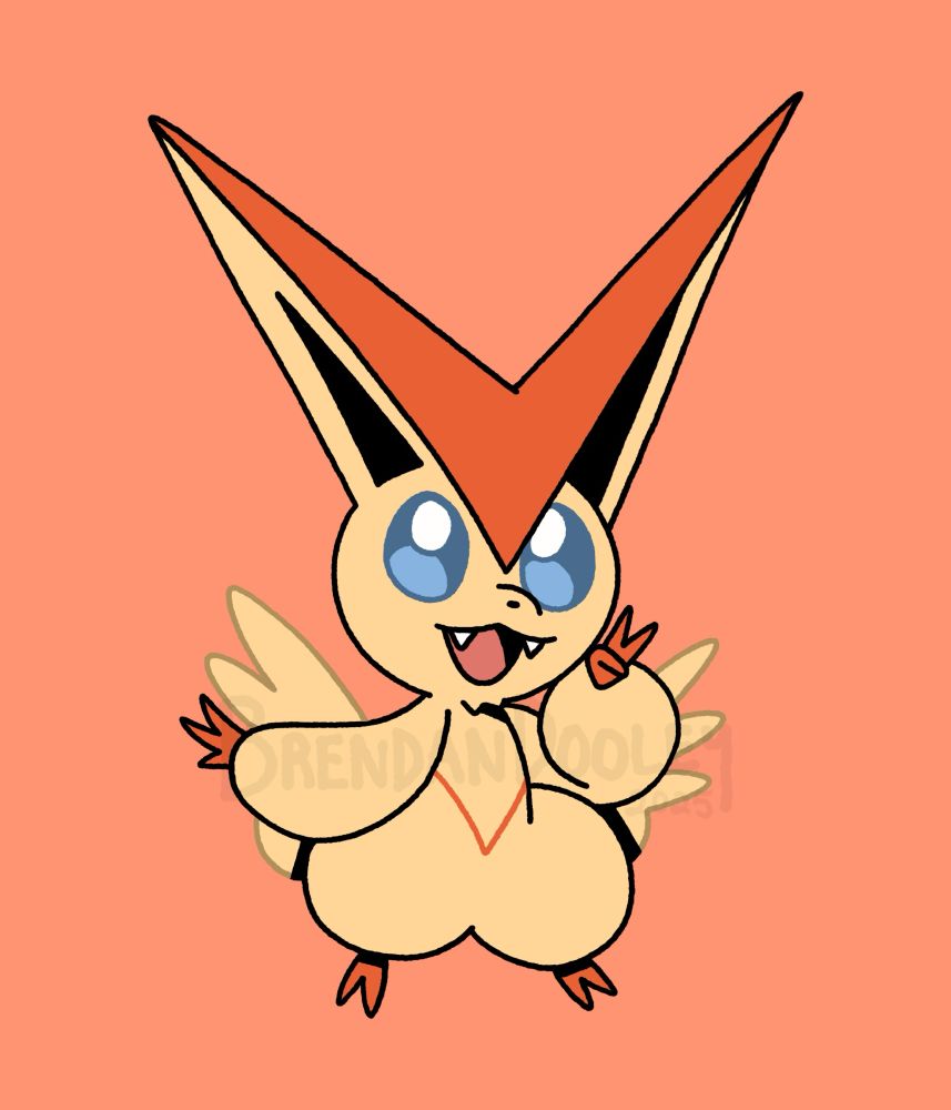 The Pokémon Victini. A small red and yellow fae-like monster with large v shaped ears and two wings on its back.