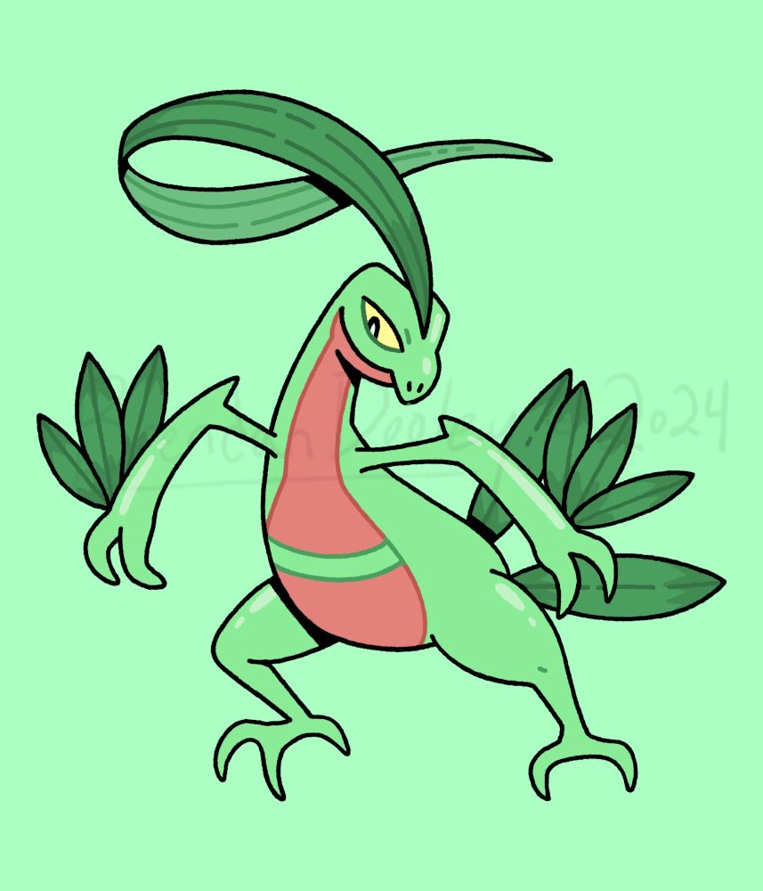 The Pokemon Grovyle.  A green lizard-like monster with leaves on its head, arms, and tail.