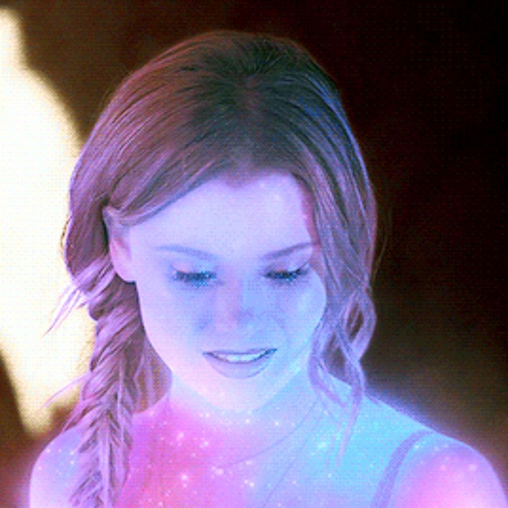 a close up of a woman 's face with purple and blue lights on her face