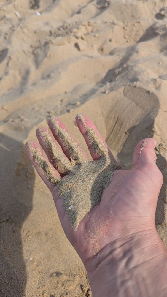 Meine linke Hand mit Sand drauf und drunter 