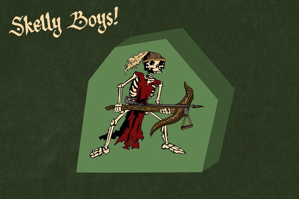 Art of a skeleton meeple for games and RPGs - It is dressed in a ragged tunic and a battered helmet, holding a large crossbow.