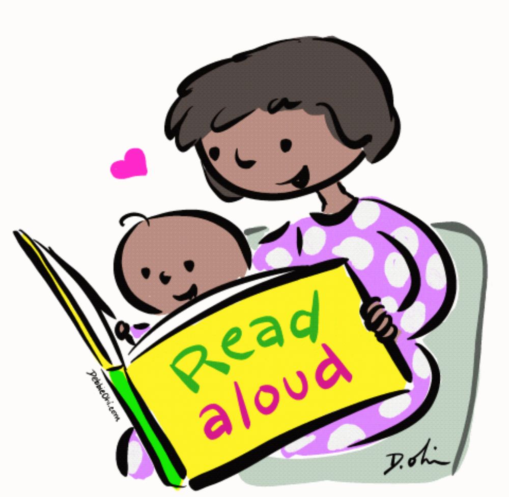 a cartoon drawing of a woman reading a book to her baby