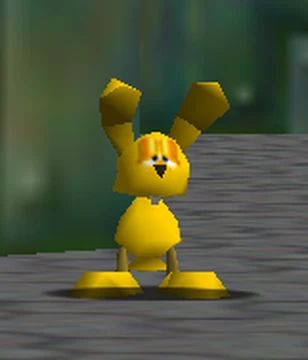 a screenshot of the character MIPS—a yellow, armless rabbit character with half-lidded eyes, who appears in Super Mario 64.