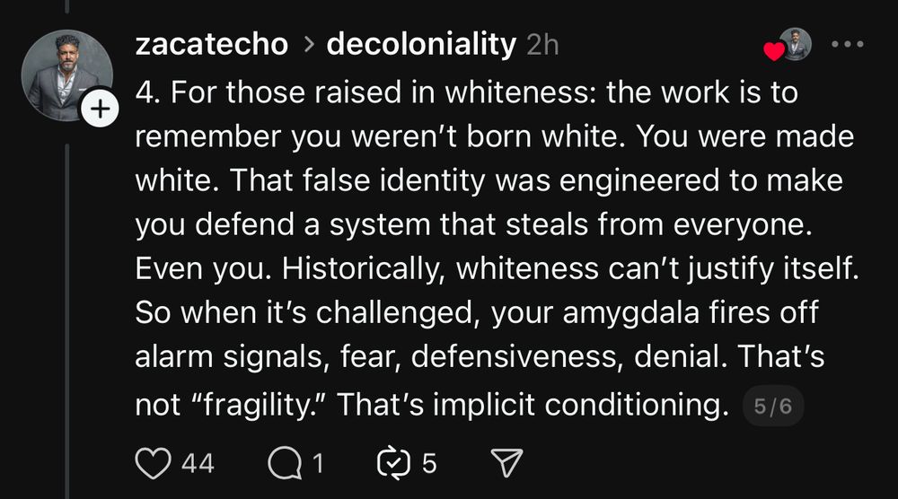 +
zacatecho › decoloniality 2h
• • •
4. For those raised in whiteness: the work is to remember you weren't born white. You were made white. That false identity was engineered to make you defend a system that steals from everyone.
Even you. Historically, whiteness can't justify itself.
So when it's challenged, your amygdala fires off alarm signals, fear, defensiveness, denial. That's not "fragility." That's implicit conditioning. 5/6
44