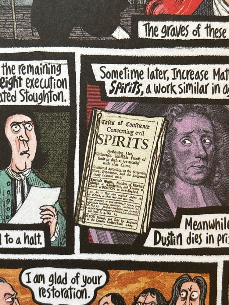 A drawing, among comic panels, of “Cases of Conscience Concerning Evil Spirits” by Increase Mather (1693). Page 436 of paperback edition. 
