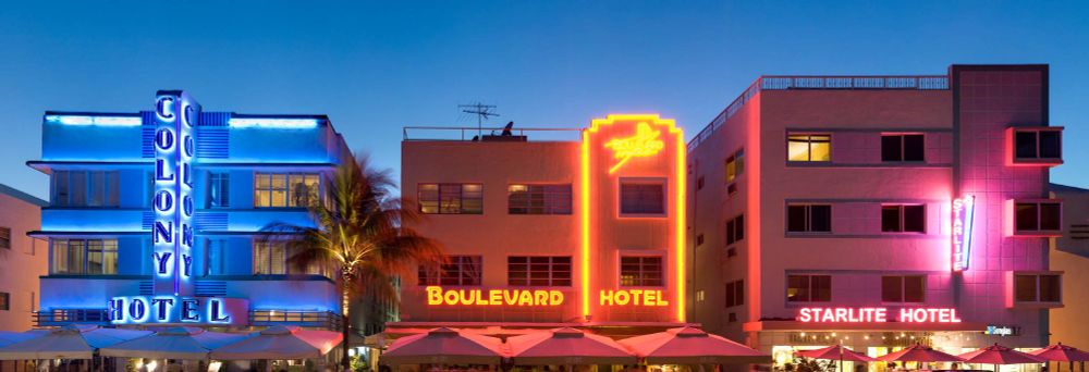 The Colony, Boulevard and Starlite Hotels on Ocean Drive in South Beach Florida. Shot at dusk