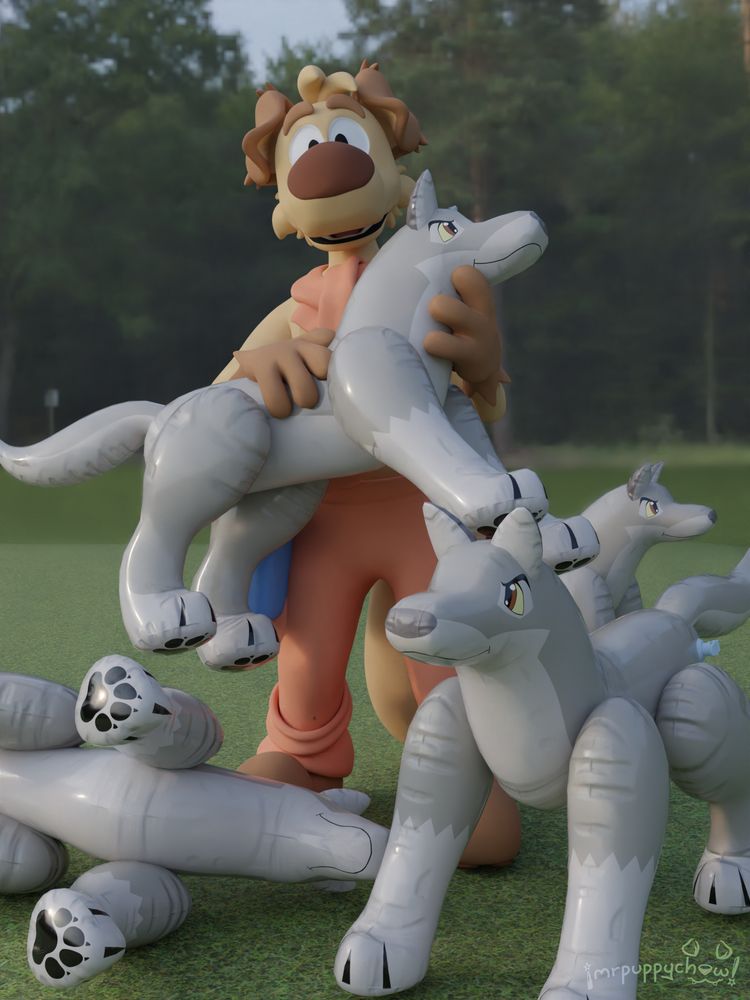 3D render of a brown anthro furry dog standing outside in a clear patch of grass. He is posing with four inflatable toys based off Balto, holding one while the rest are on the ground, with one of them toppled over on its side.